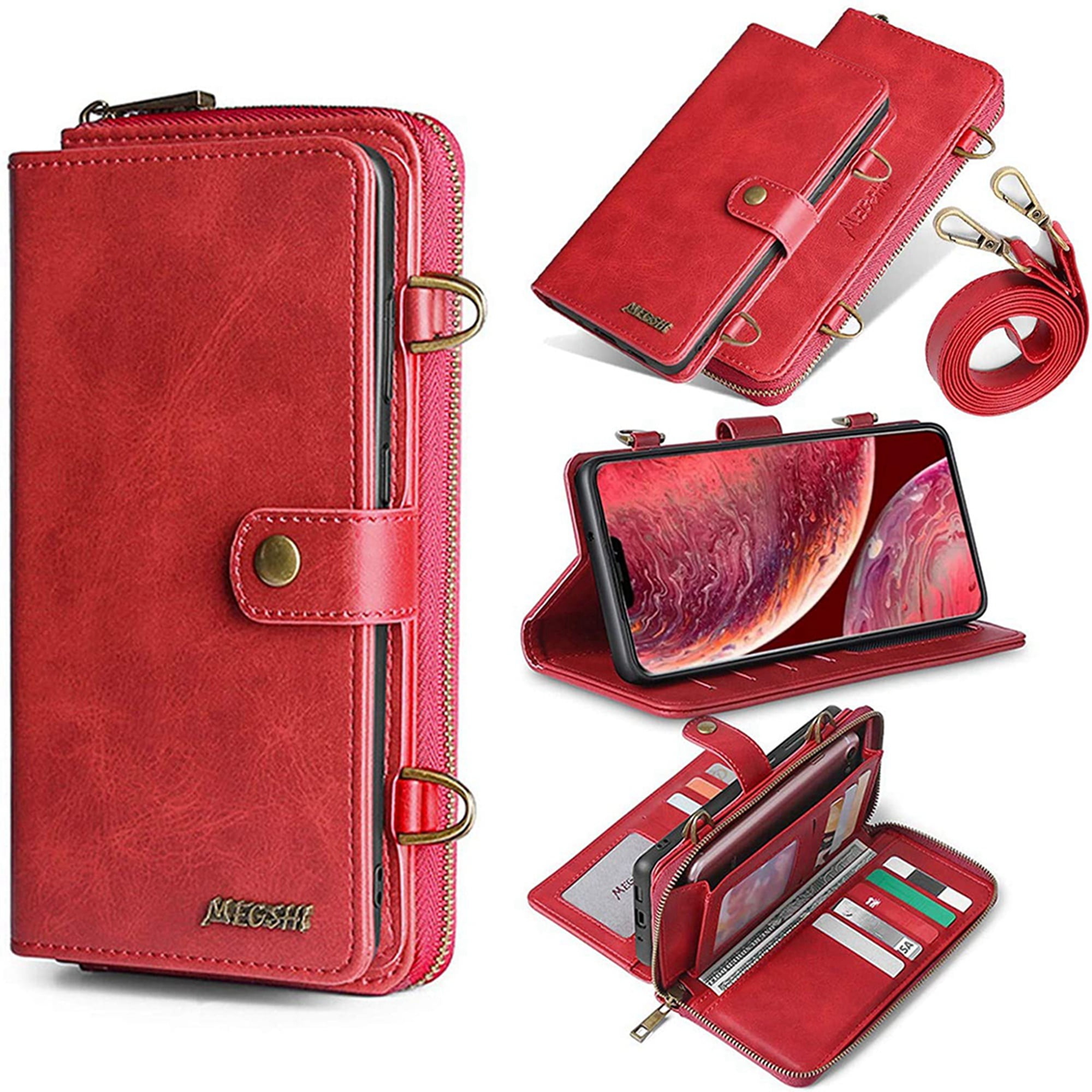Dteck Wallet Case for iPhone 12 Pro / iPhone 12 6.1-inch, 2 in 1 Magnetic Detachable Wallet Purse [Crossbody Chain] Durable PU Leather Zipper Handbag Folio Flip Card Slot Protection Back Cover, Red