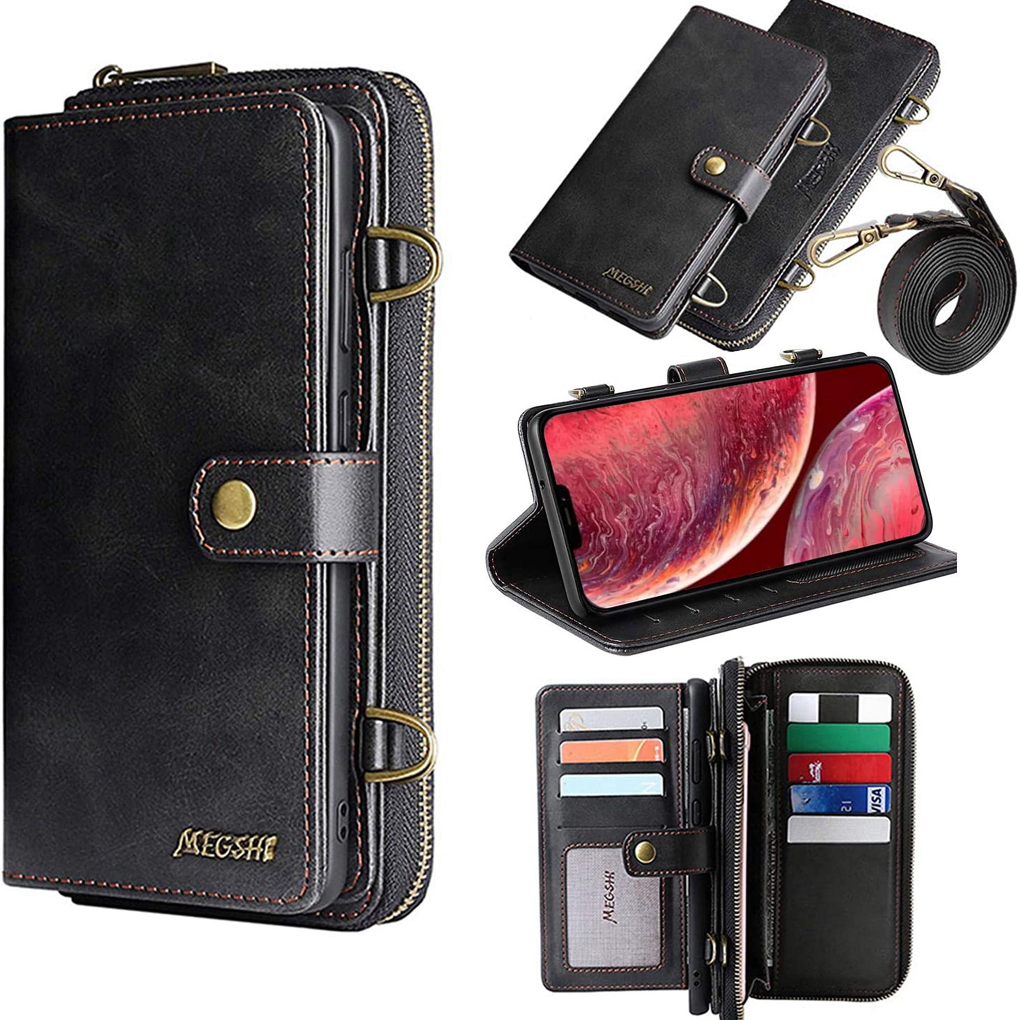 Dteck Wallet Case for iPhone 12 Pro / iPhone 12 6.1-inch, 2 in 1 Magnetic Detachable Wallet Purse [Crossbody Chain] Durable PU Leather Zipper Handbag Folio Flip Card Slot Protection Back Cover, Black