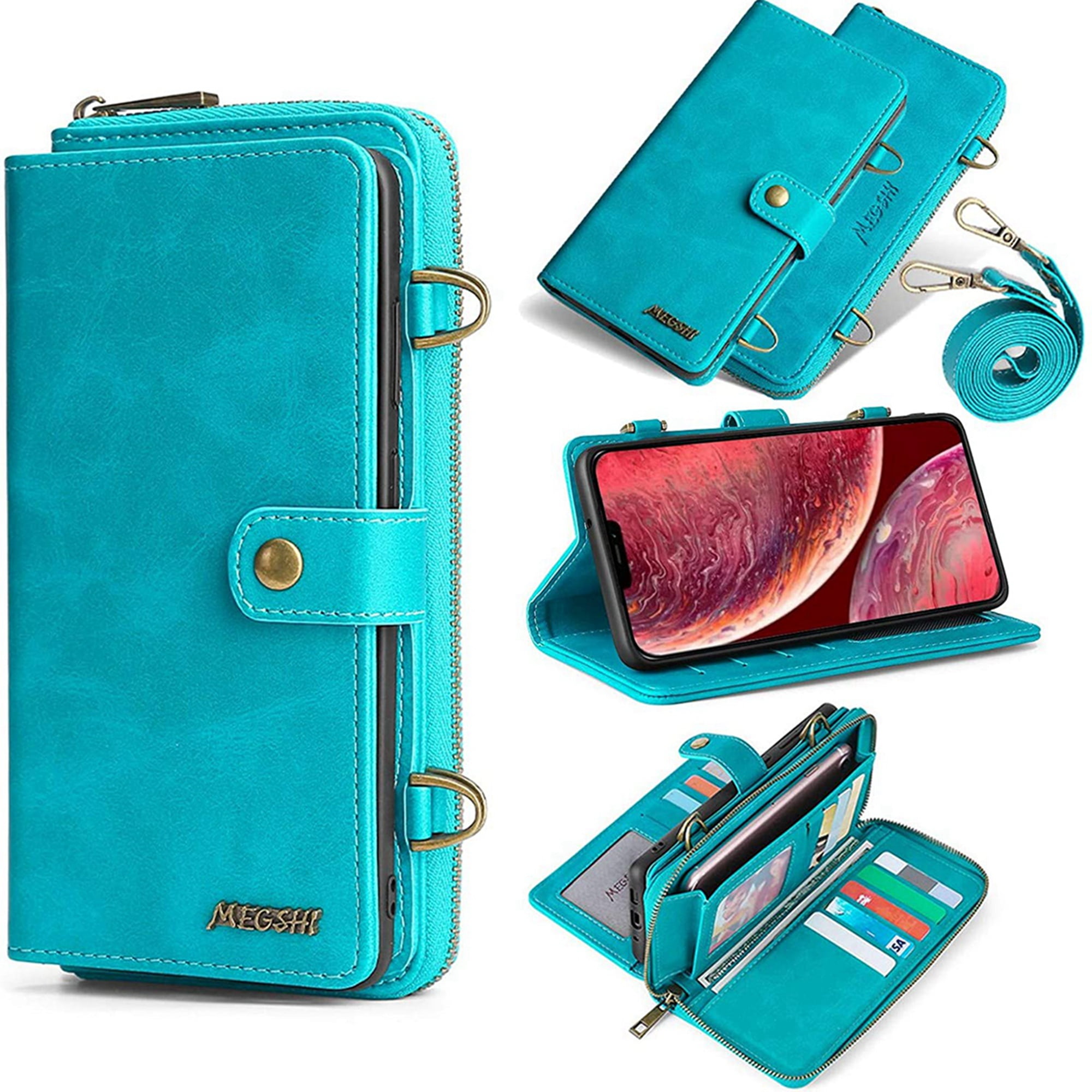 Dteck Wallet Case for iPhone 12 Pro / iPhone 12 6.1-inch, 2 in 1 Magnetic Detachable Wallet Purse [Crossbody Chain] Durable PU Leather Zipper Handbag Folio Flip Card Slot Protection Back Cover, Blue