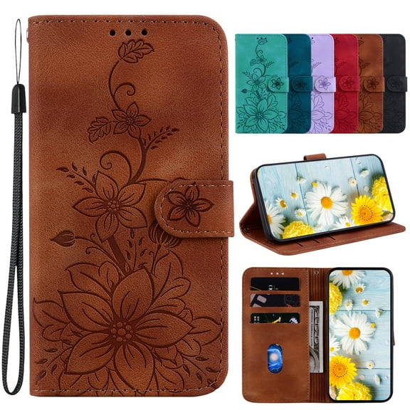 Dteck Wallet Case for iPhone 12 / iPhone 12 Pro, Premium PU Leather Embossed Pattern Folio Flip Case with Card Holders Kickstand Wrist Strap Folio Purse Cover 6.1 Inch,Brown Lily