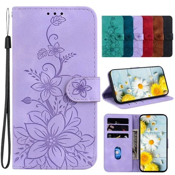 Dteck Wallet Case for iPhone 12 / iPhone 12 Pro, Premium PU Leather Embossed Pattern Folio Flip Case with Card Holders Kickstand Wrist Strap Folio Purse Cover 6.1 Inch,Purple Lily