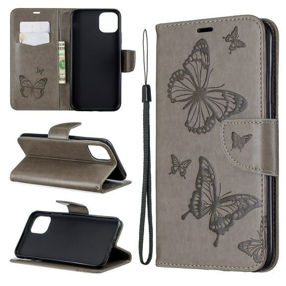 Dteck Wallet Case for iPhone 12 mini 5.4-inch, Magnetic Butterfly Patterned Flip PU Leather Kicksatnd Card Holder Shockproof Case with Strap Cover,Gray