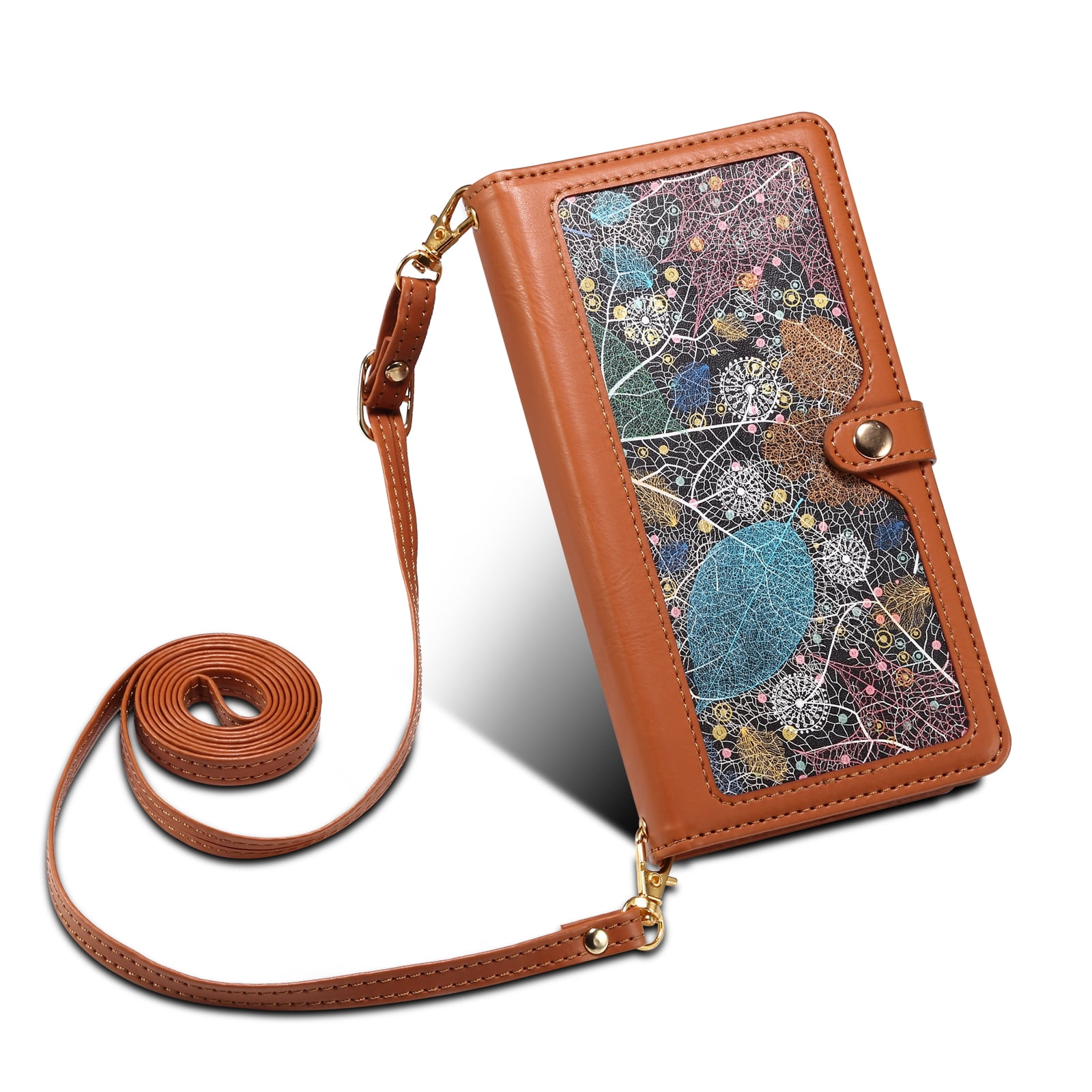 Dteck Wallet Case for iPhone 13 6.1 Inch, Leaf Pattern Luxury PU Leather RFID Blocking Card Slots Holder Zipper Pocket Flip Case with Kickstand Magnetic Crossbody Strap Phone Cover,Brown