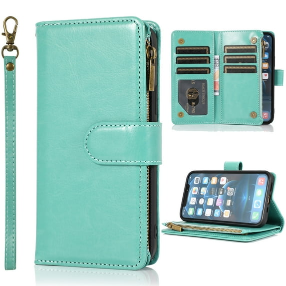 Dteck Wallet Case for iPhone 13 Mini, Premium PU Leather Zipper Flip 9 Card Slots Wallet with Wrist Strap Magnetic Closure Built-in Kickstand Protective Case,Green