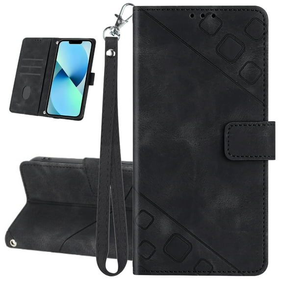 Dteck Wallet Case for iPhone 13, Premium PU Leather Flip Folio Card Holder Wallet with Wrist Strap Magnetic Closure Built-in Kickstand Protective Case,Black