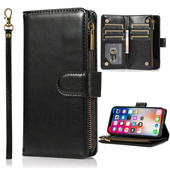 Dteck Wallet Case for iPhone 13, Premium PU Leather Zipper Flip 9 Card Slots Wallet with Wrist Strap Magnetic Closure Built-in Kickstand Protective Case,Black
