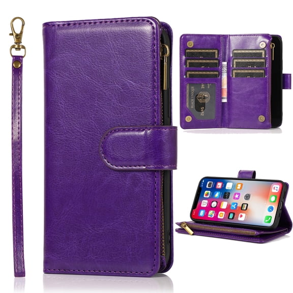 Dteck Wallet Case for iPhone 13, Premium PU Leather Zipper Flip 9 Card Slots Wallet with Wrist Strap Magnetic Closure Built-in Kickstand Protective Case,Purple