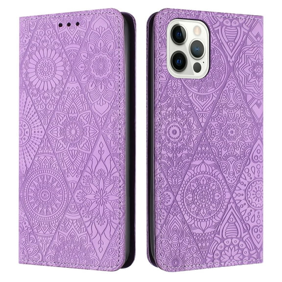 Dteck Wallet Case for iPhone 13 Pro Max, Magnetic PU Leather Wallet Flip Protective Phone Case Wrist Strap Card Slots Holder Pocket Emboss Floral Stand Case for iPhone 13 Pro Max,Purple