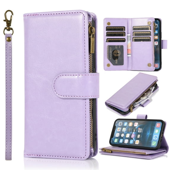 Dteck Wallet Case for iPhone 13 Pro Max, Premium PU Leather Zipper Flip 9 Card Slots Wallet with Wrist Strap Magnetic Closure Built-in Kickstand Protective Case,Lavender