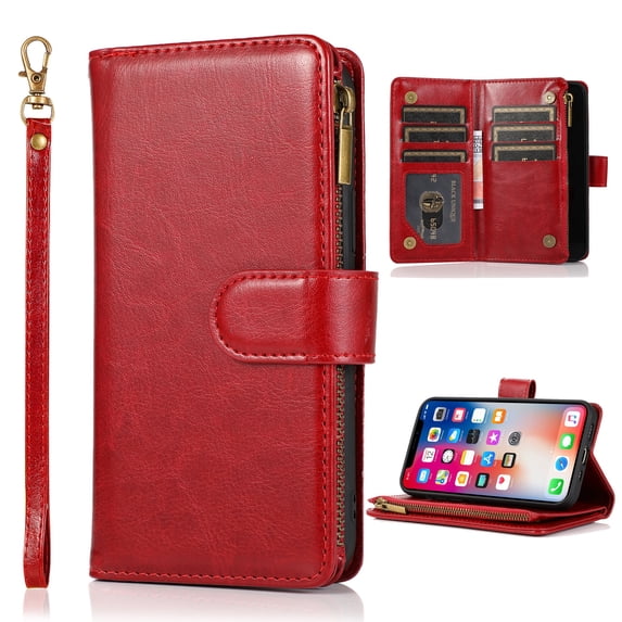 Dteck Wallet Case for iPhone 13 Pro Max, Premium PU Leather Zipper Flip 9 Card Slots Wallet with Wrist Strap Magnetic Closure Built-in Kickstand Protective Case,Red