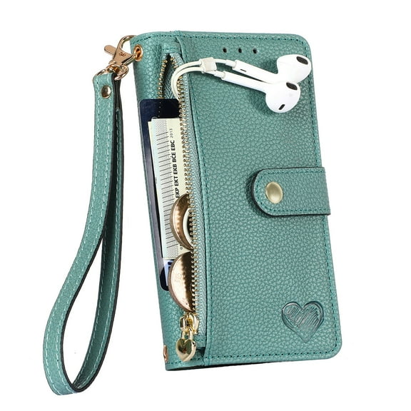 Dteck Wallet Case for iPhone 13, RFID Blocking 7 Card Slots Magnetic Zipper Purse with Wristlet Strap Stand PU Leather Shockproof TPU Shell Compatible with iPhone 13,Green