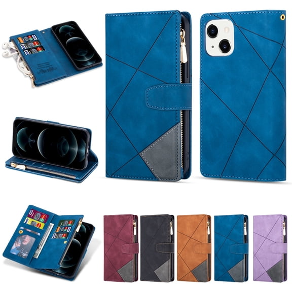 Dteck Wallet Case for iPhone 14,Magnetic Leather 9 Card Slots Zipper Purse Flip Case Shockproof Rubber Kickstand Lanyard Strap Wristlet Phone Cover,Blue