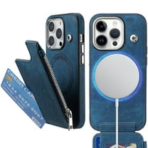 Dteck Wallet Case for iPhone 14 Plus Compatible with MagSafe Zipper Pocket Wallet PU Leather Flip Case with Credit Card Slots Holder Wireless Charging,Blue