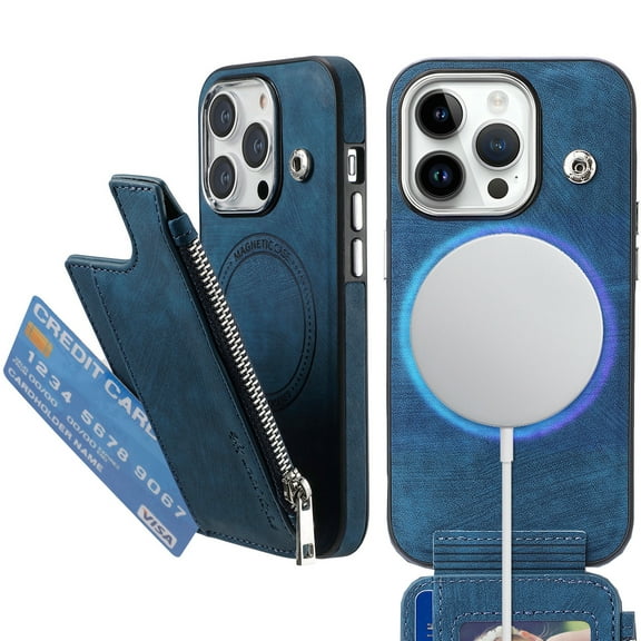 Dteck Wallet Case for iPhone 14 Plus Compatible with MagSafe Zipper Pocket Wallet PU Leather Flip Case with Credit Card Slots Holder Wireless Charging,Blue