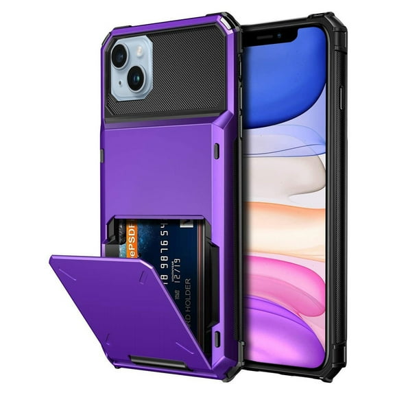 Dteck Wallet Case for iPhone 14 Plus,Shockproof Rubber Rugged 4-Card Credit Holder Slots Cover Hybrid Heavy Duty Protection Armor Phone Back Case,Purple