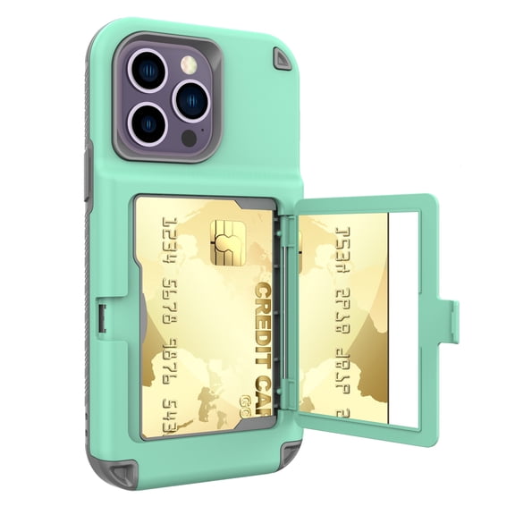 Dteck Wallet Case for iPhone 14 Pro with Card Slot Box Mirror Design Kickstand Bracket Phone Cover, Soft Silicone Rugged PC Shockproof Drop Resistant Non-Slipping Candy Color Protection Case,Mintgreen