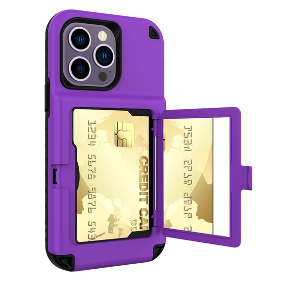 Dteck Wallet Case for iPhone 14 Pro with Card Slot Box Mirror Design Kickstand Bracket Phone Cover, Soft Silicone Rugged PC Shockproof Drop Resistant Non-Slipping Candy Color Protection Case,Purple