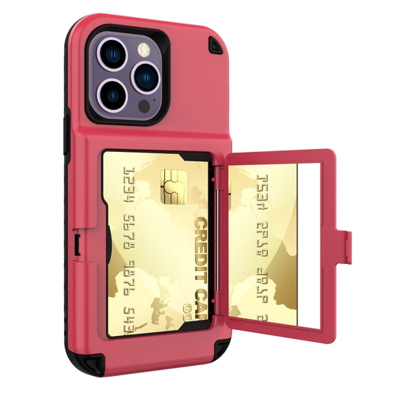 Dteck Wallet Case for iPhone 14 Pro with Card Slot Box Mirror Design Kickstand Bracket Phone Cover, Soft Silicone Rugged PC Shockproof Drop Resistant Non-Slipping Candy Color Protection Case,Red