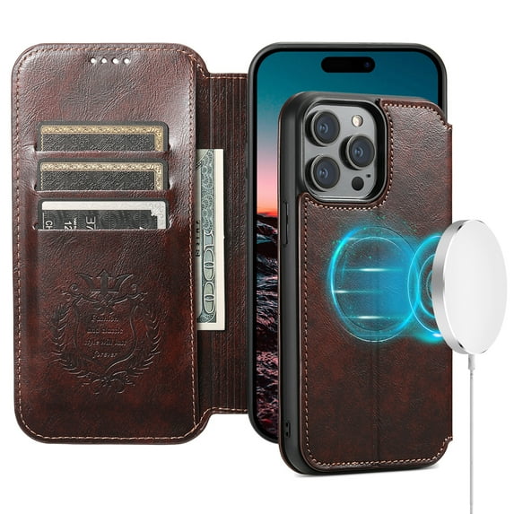 Dteck Wallet Case for iPhone 14 Pro Max, Compatible with MagSafe, Premium PU Leather Card Slots Holder Magnetic Kickstand Shockproof Protective iPhone 14 Pro Max Case with Magnetic Closure,Brown