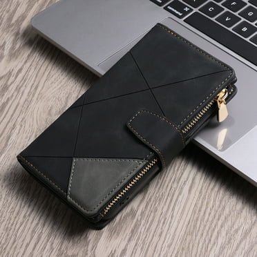 Dteck Wallet Case for iPhone 14 Pro Max,Magnetic Leather 9 Card Slots Zipper Purse Flip Case Shockproof Rubber Kickstand Lanyard Strap Wristlet Phone Cover,Black