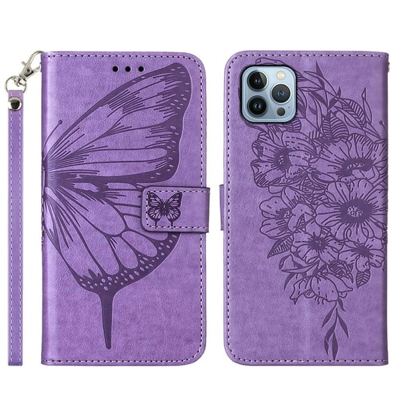 Dteck Wallet Case for iPhone 14 Pro Max, PU Leather Flip Protective Phone Case Wrist Strap Card Slots Holder Pocket Emboss Butterfly Flower Stand Case for iPhone 14 Pro Max 2022, Lightpurple