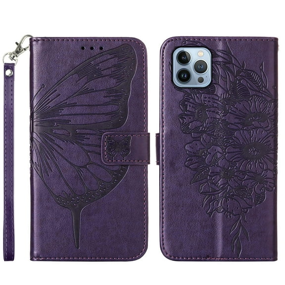 Dteck Wallet Case for iPhone 14 Pro Max, PU Leather Flip Protective Phone Case Wrist Strap Card Slots Holder Pocket Emboss Butterfly Flower Stand Case for iPhone 14 Pro Max 2022, Purple