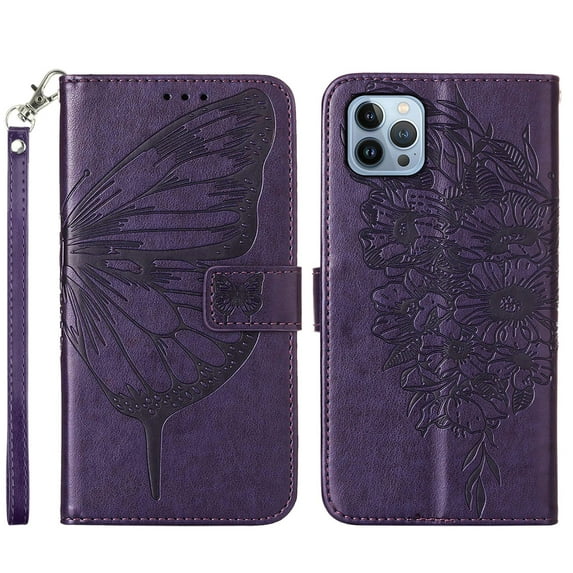 Dteck Wallet Case for iPhone 14 Pro Max, PU Leather Flip Protective Phone Case Wrist Strap Card Slots Holder Pocket Emboss Butterfly Flower Stand Case for iPhone 14 Pro Max 2022, Purple