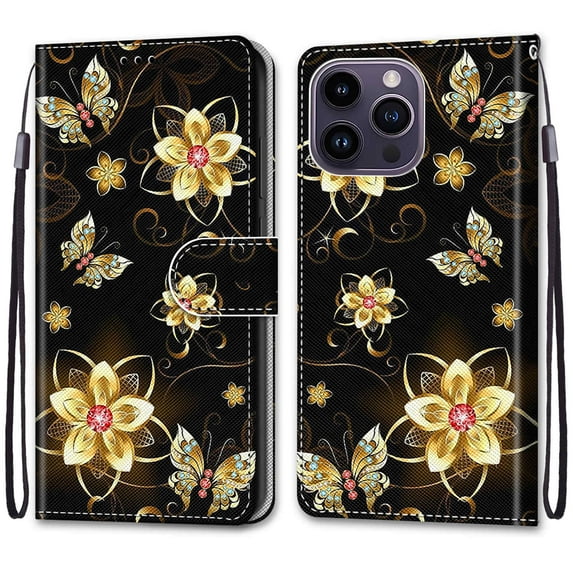 Dteck Wallet Case for iPhone 14 Pro Max, RFID Blocking Card Holder Stand Shockproof TPU Interior Case PU Leather Magnetic Protective Flip Cover, Flower