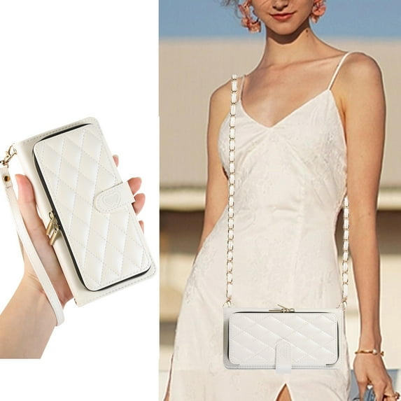 Dteck Wallet Case for iPhone 14 Pro Max, Zipper Case with Card Holder Slot, Soft PU Leather Zipper Purse with Wristlet Strap Crossbody Chain Lanyard,White