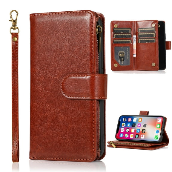 Dteck Wallet Case for iPhone 14 Pro, Premium PU Leather Zipper Flip 9 Card Slots Wallet with Wrist Strap Magnetic Closure Built-in Kickstand Protective Case,Brown