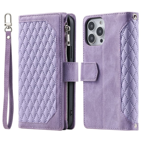 Dteck Wallet Case for iPhone 14 Pro, Soft TPU Shockproof Card Slots Holder Flip Folio Case with Kickstand Magnetic Clasp Wrist Strap Crossbody Long Lanyard Phone Cover for iPhone 14 Pro,Purple