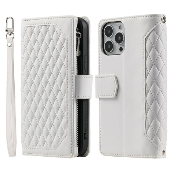 Dteck Wallet Case for iPhone 14 Pro, Soft TPU Shockproof Card Slots Holder Flip Folio Case with Kickstand Magnetic Clasp Wrist Strap Crossbody Long Lanyard Phone Cover for iPhone 14 Pro,White