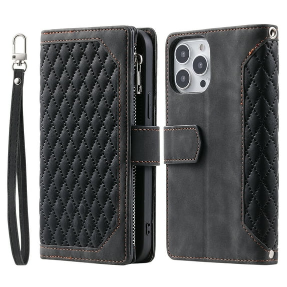 Dteck Wallet Case for iPhone 14 Pro, Soft TPU Shockproof Card Slots Holder Flip Folio Case with Kickstand Magnetic Clasp Wrist Strap Crossbody Long Lanyard Phone Cover for iPhone 14 Pro,Black