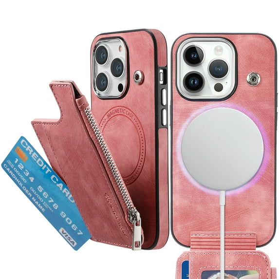 Dteck Wallet Case for iPhone 15 Plus Compatible with MagSafe Zipper Pocket Wallet PU Leather Flip Case with Credit Card Slots Holder Wireless Charging,Pink