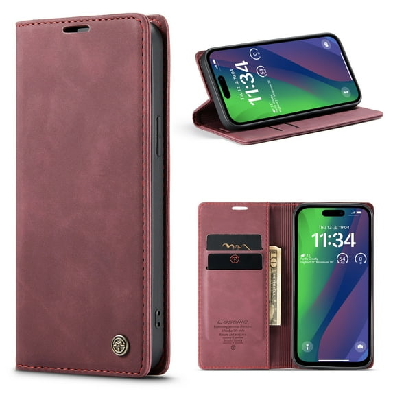 Dteck Wallet Case for iPhone 15 Plus, Handmade Retro Durable Soft PU Leather Magnetic Closure Flip Anti-Fall Shockproof Case with Kickstand and Card Slots Protective Cover for iPhone 15 Plus, Winered