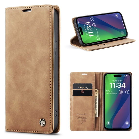 Dteck Wallet Case for iPhone 15 Plus, Handmade Retro Durable Soft PU Leather Magnetic Closure Flip Anti-Fall Shockproof Case with Kickstand and Card Slots Protective Cover for iPhone 15 Plus, Brown