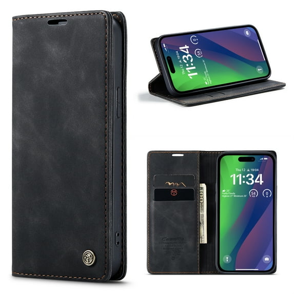Dteck Wallet Case for iPhone 15 Plus, Handmade Retro Durable Soft PU Leather Magnetic Closure Flip Anti-Fall Shockproof Case with Kickstand and Card Slots Protective Cover for iPhone 15 Plus, Black