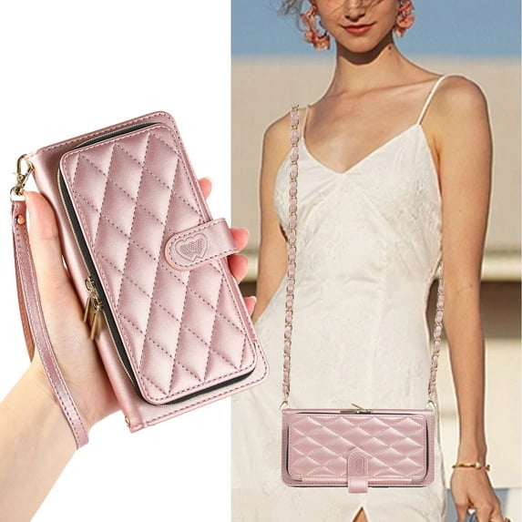 Dteck Wallet Case for iPhone 15 Plus, Zipper Case with Card Holder Slot, Soft PU Leather Zipper Purse with Wristlet Strap Crossbody Chain Lanyard,Rosegold