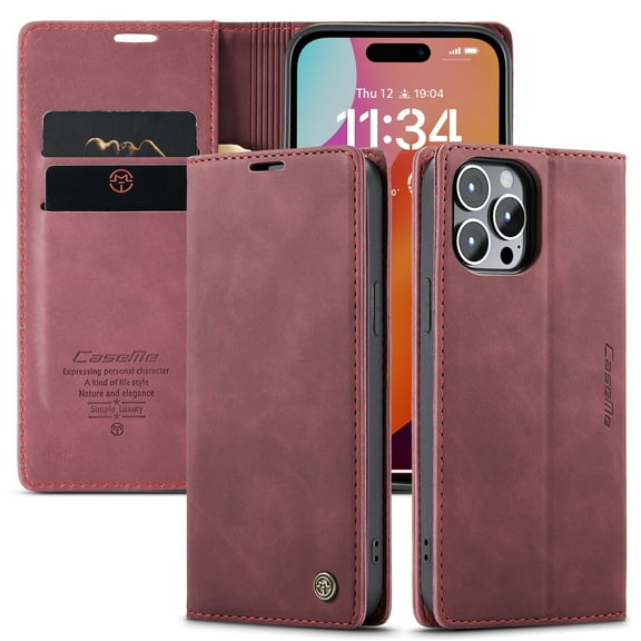 Dteck Wallet Case for iPhone 15 Pro, Handmade Retro Durable Soft PU Leather Magnetic Closure Flip Anti-Fall Shockproof Case with Kickstand and Card Slots Protective Cover for iPhone 15 Pro, Winered