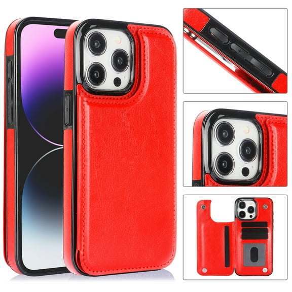 Dteck Wallet Case for iPhone 15 Pro Max Case Slim Protective Case with Credit Card Slot Holder Flip Folio Soft PU Leather Double Magnetic Closure Kickstand Cover for 2023 iPhone 15 Pro Max,Red