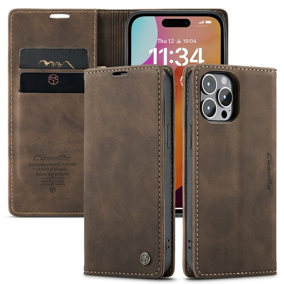 Dteck Wallet Case for iPhone 15 Pro Max, Handmade Retro Durable Soft PU Leather Magnetic Closure Flip Anti-Fall Shockproof Case with Kickstand and Card Slots Protective Cover, Coffee