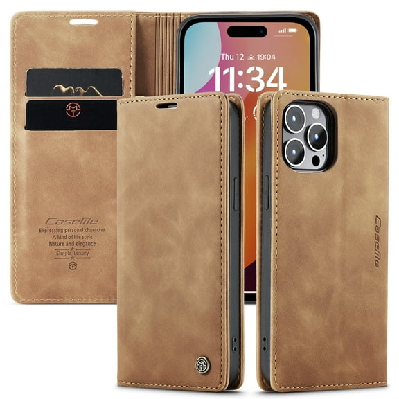 Dteck Wallet Case for iPhone 15 Pro Max, Handmade Retro Durable Soft PU Leather Magnetic Closure Flip Anti-Fall Shockproof Case with Kickstand and Card Slots Protective Cover, Brown