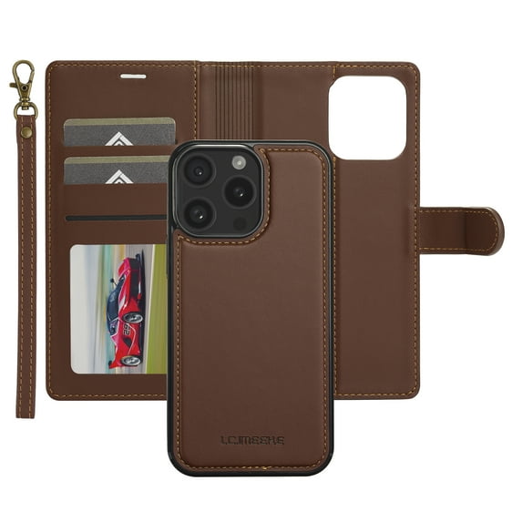 Dteck Wallet Case for iPhone 15 Pro Max, Luxury PU Leather Detachable Magnetic 2 in 1 Case Kickstand Credit Card Slots Wireless Charging Compatible with iPhone 15 Pro Max,Brown
