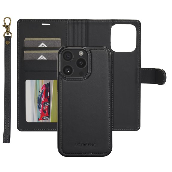 Dteck Wallet Case for iPhone 15 Pro Max, Luxury PU Leather Detachable Magnetic 2 in 1 Case Kickstand Credit Card Slots Wireless Charging Compatible with iPhone 15 Pro Max,Black