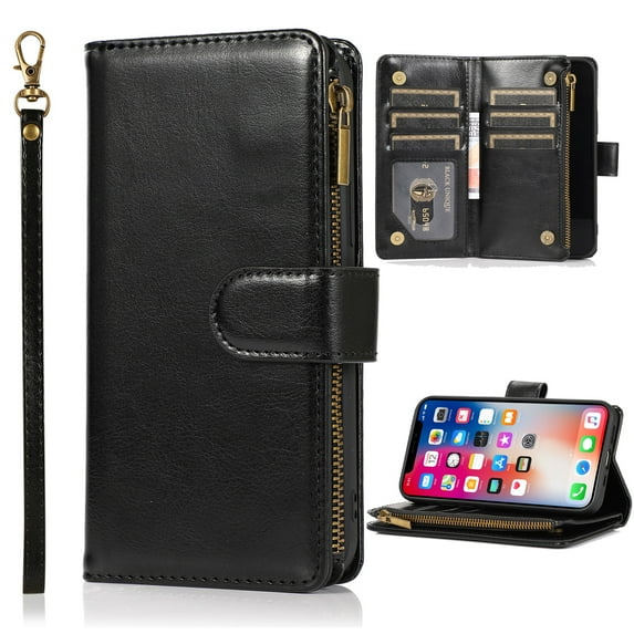 Dteck Wallet Case for iPhone 15 Pro, Premium PU Leather Zipper Flip 9 Card Slots Wallet with Wrist Strap Magnetic Closure Built-in Kickstand Protective Case,Black