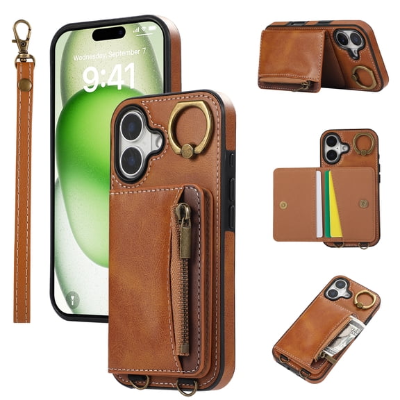 Dteck Wallet Case for iPhone 16, Magnetic Clasp Zipper Purse PU Leather Wristlet Wallet Case with Credit Card Slot Holder Back Flip Cover with Strap for iPhone 16 2024, Brown