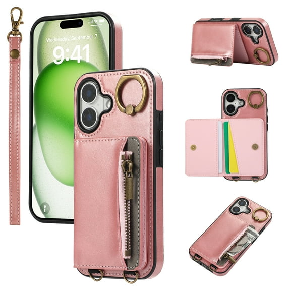 Dteck Wallet Case for iPhone 16 Plus, Magnetic Clasp Zipper Purse PU Leather Wristlet Wallet Case with Credit Card Slot Holder Back Flip Cover with Strap for iPhone 16 Plus 2024, Pink