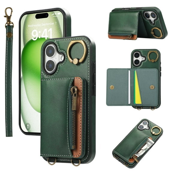 Dteck Wallet Case for iPhone 16 Plus, Magnetic Clasp Zipper Purse PU Leather Wristlet Wallet Case with Credit Card Slot Holder Back Flip Cover with Strap for iPhone 16 Plus 2024, Green