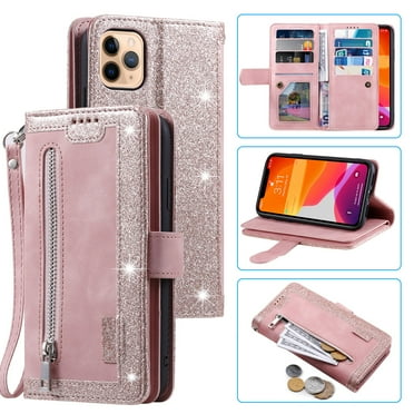 Dteck Wallet Case for iPhone 16 Pro, 9 Card Holder Slots Zipper Pocket Handbag Case Magnetic Closure Kickstand with Wrist Strap TPU Shockproof Flip Cover,Rosegold