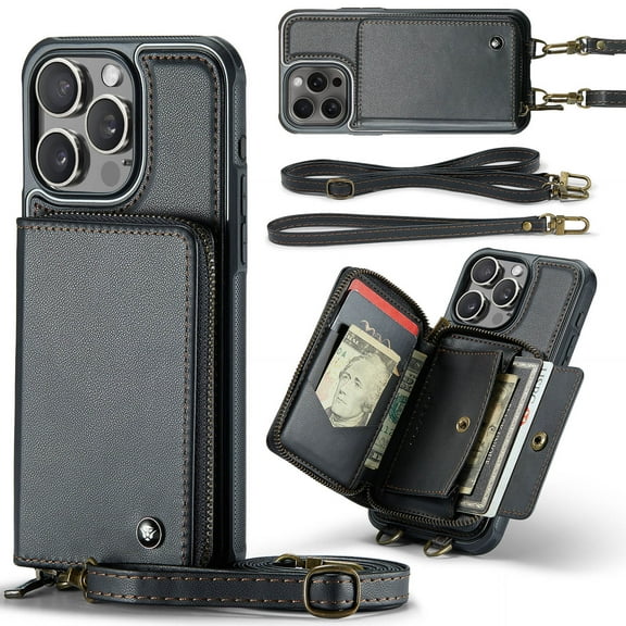 Dteck Wallet Case for iPhone 16 Pro,Luxury Leather RFID Blocking Zipper Crossbody Wallet Case with Card Slots Shockproof Kickstand Cover with Shoulder Strap/Wrist Strap,Black